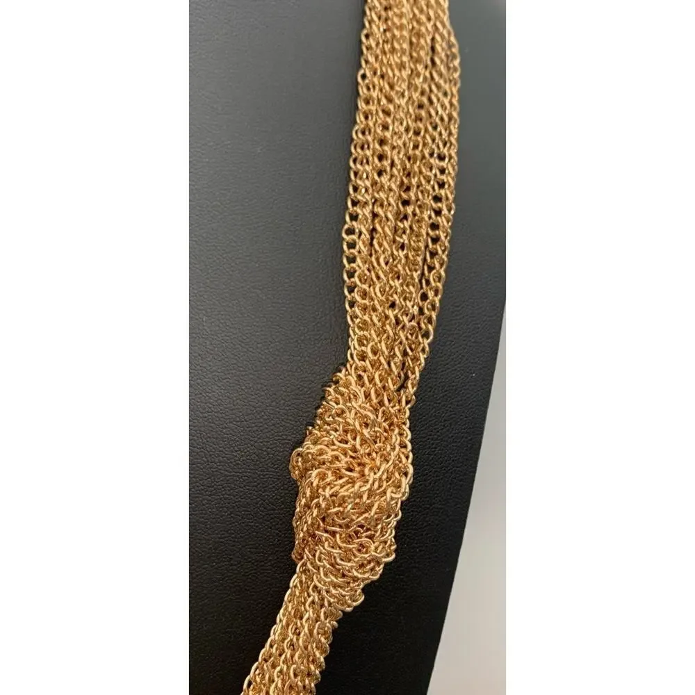 Gold Tone Mesh Chain Link 3 knot Multi Strand necklace Chunky Statement